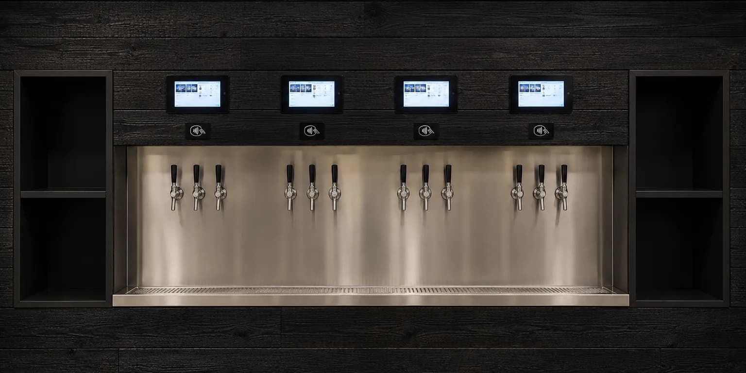 A self-pour tap wall in charred wood, twelve taps under four tablet screens with glass shelving either side