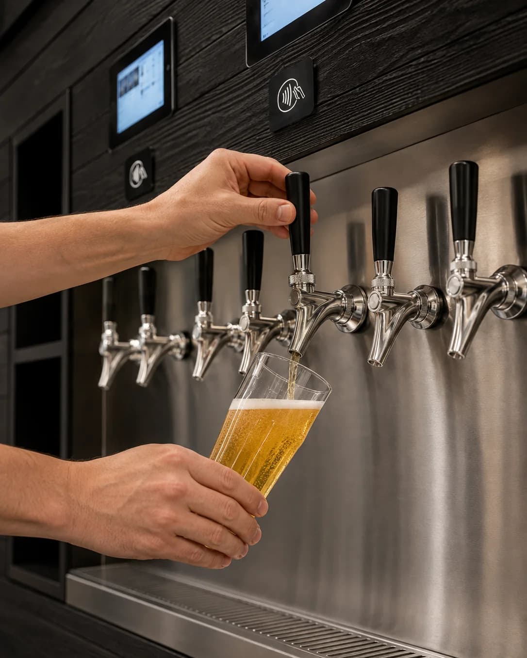 A glass being filled at the tap wall, taps running away down the rail