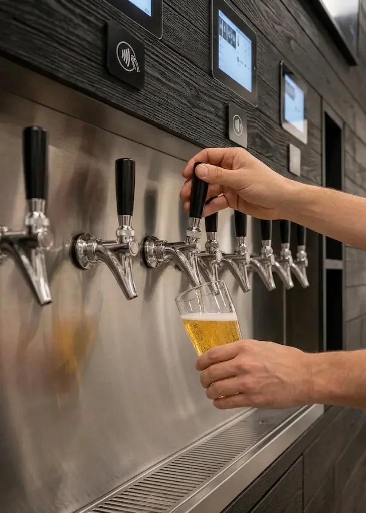 A glass being filled at a self-pour tap wall lined with digital tap screens