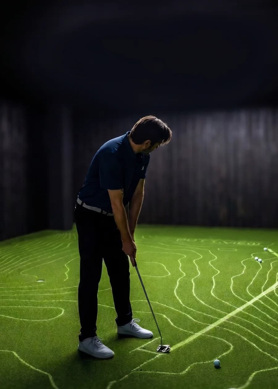 A player putting on a contoured green with the break lines projected across it