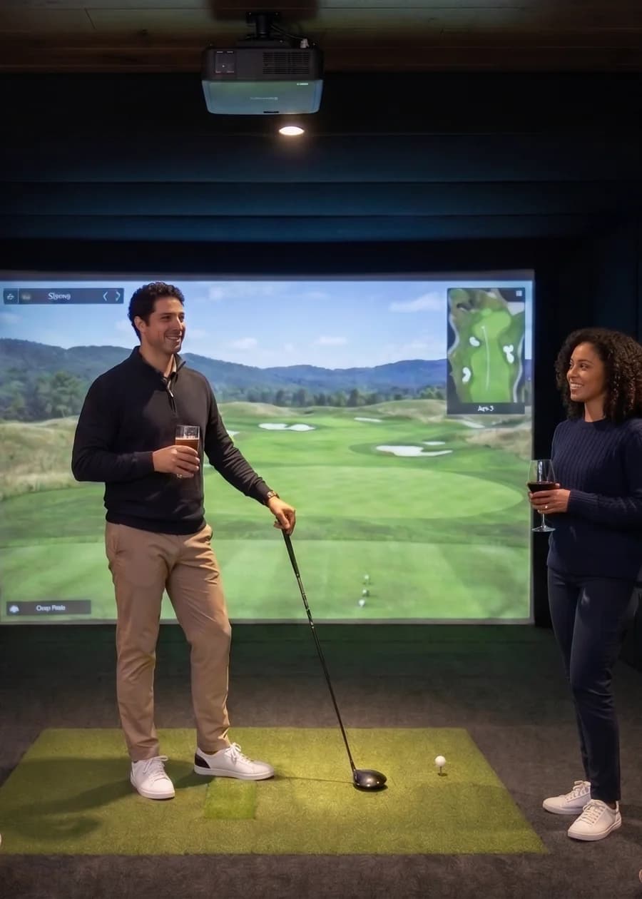 Two members talking over drinks in a simulator bay, one holding a driver at the tee