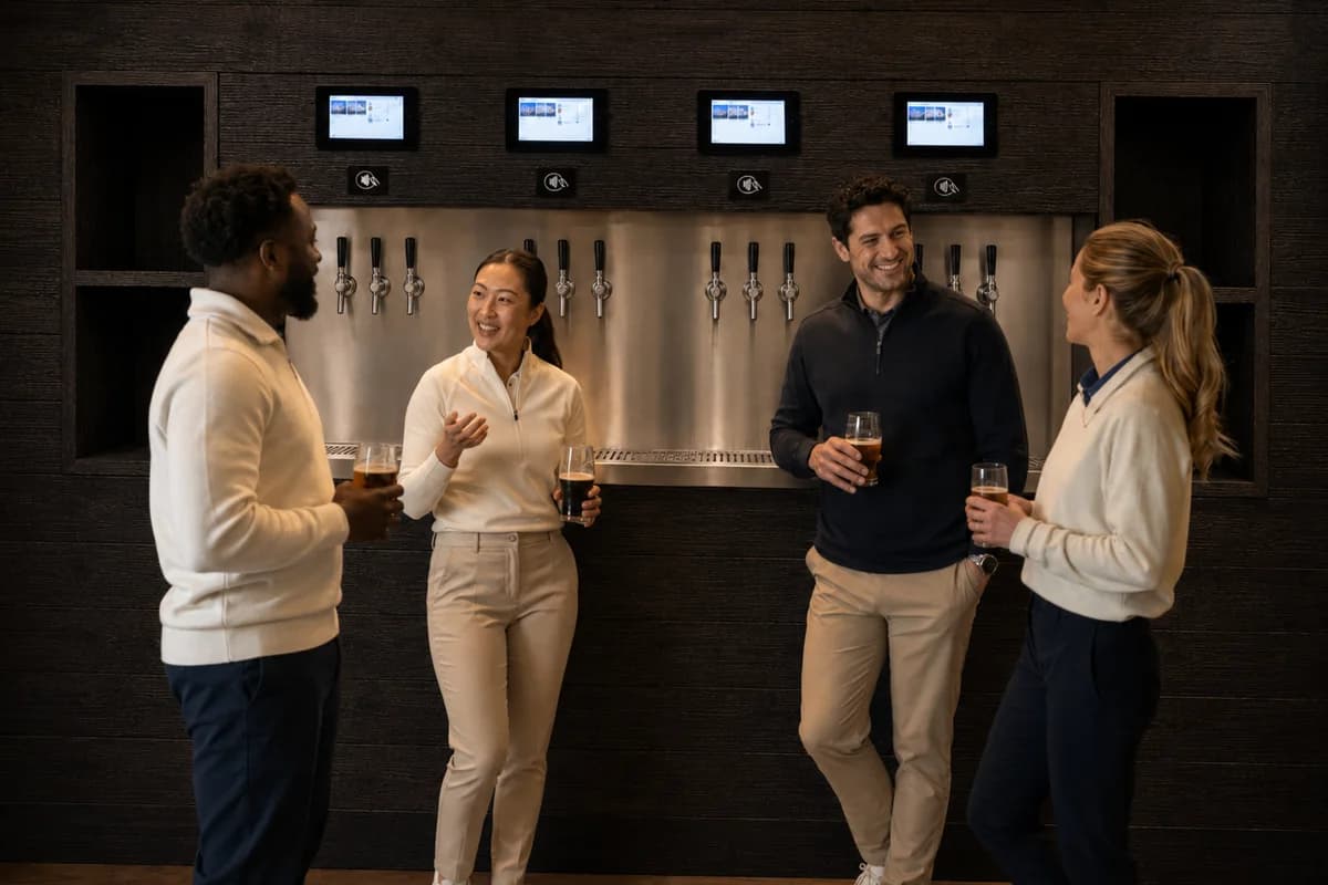 Four members talking over drinks in front of the self-pour beer wall