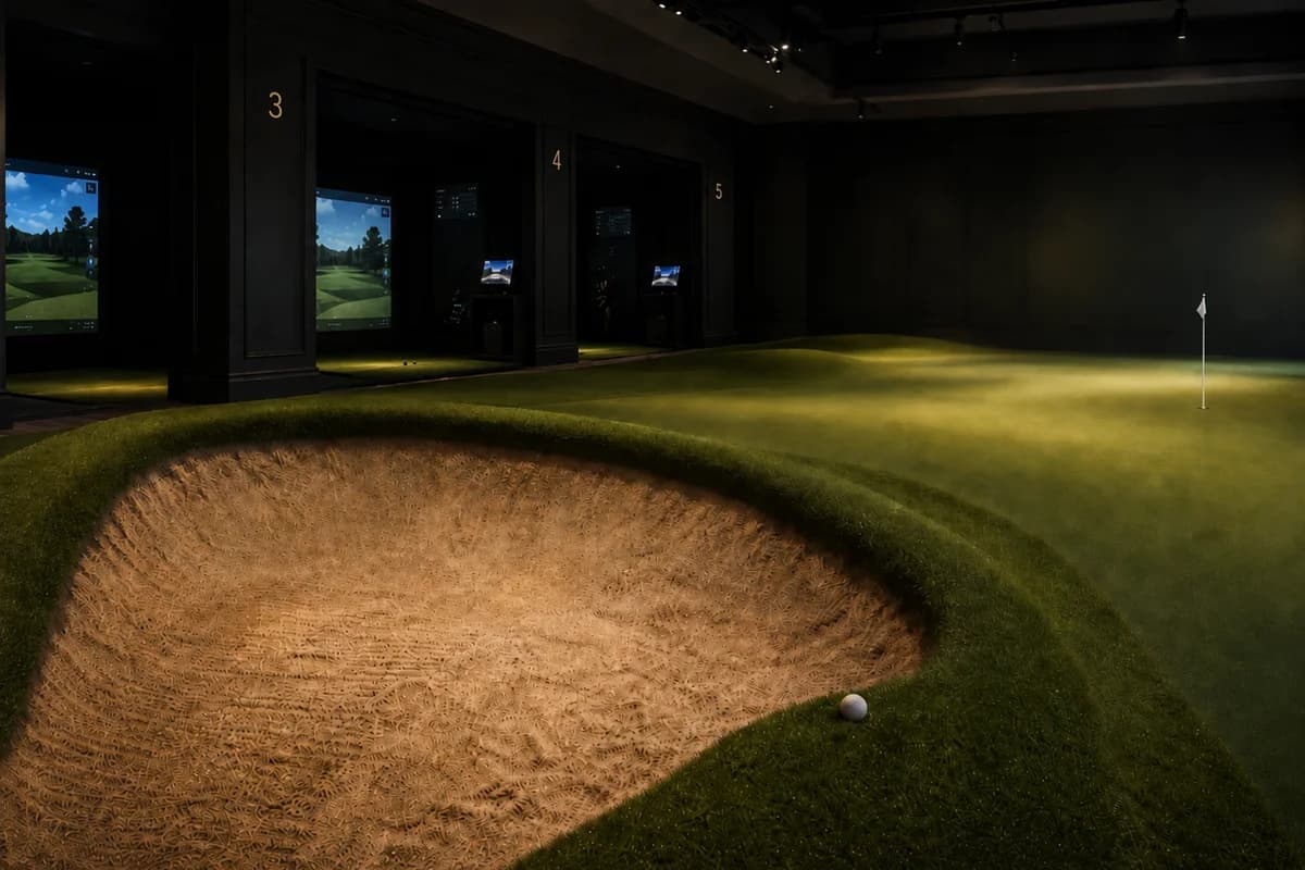 The indoor sand bunker cut into the undulating putting green, with the numbered bays behind it