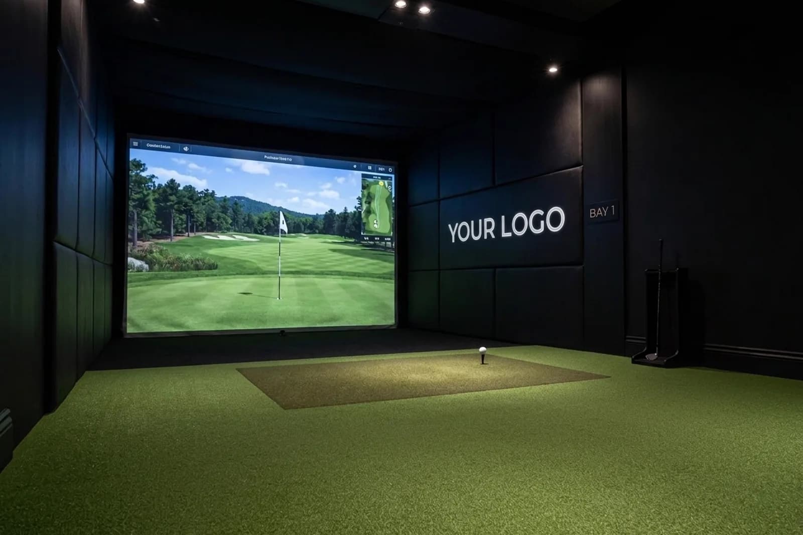 A simulator bay with a sponsor logo lit on the divider beside the screen, marked Bay 1