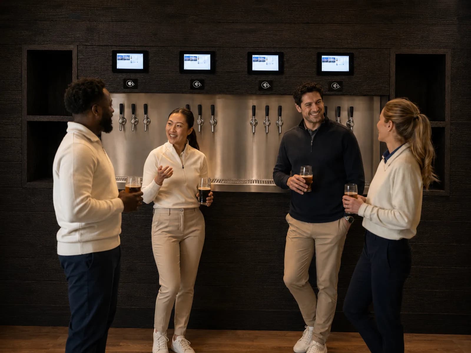 Four people talking over drinks in front of the self-pour beer wall
